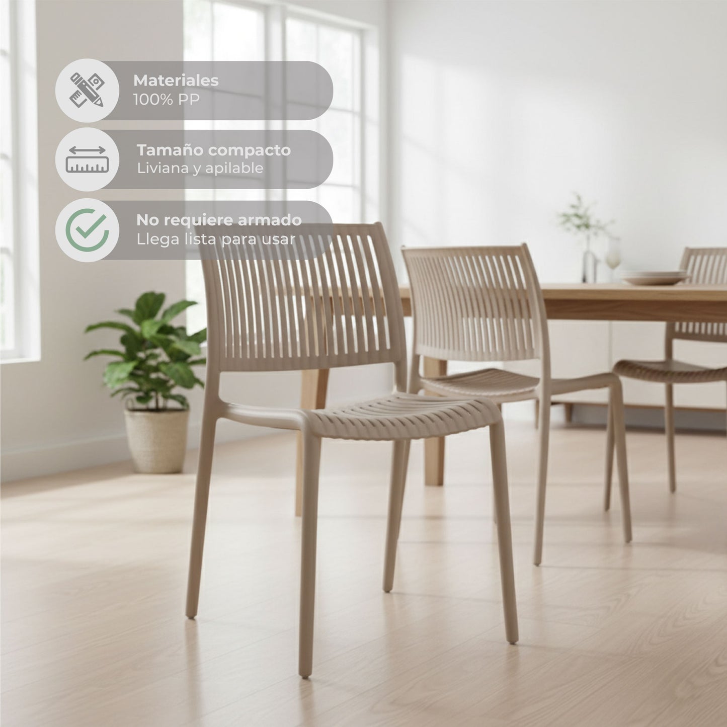 Set 4 Sillas de Comedor Plásticas Varilladas Beige