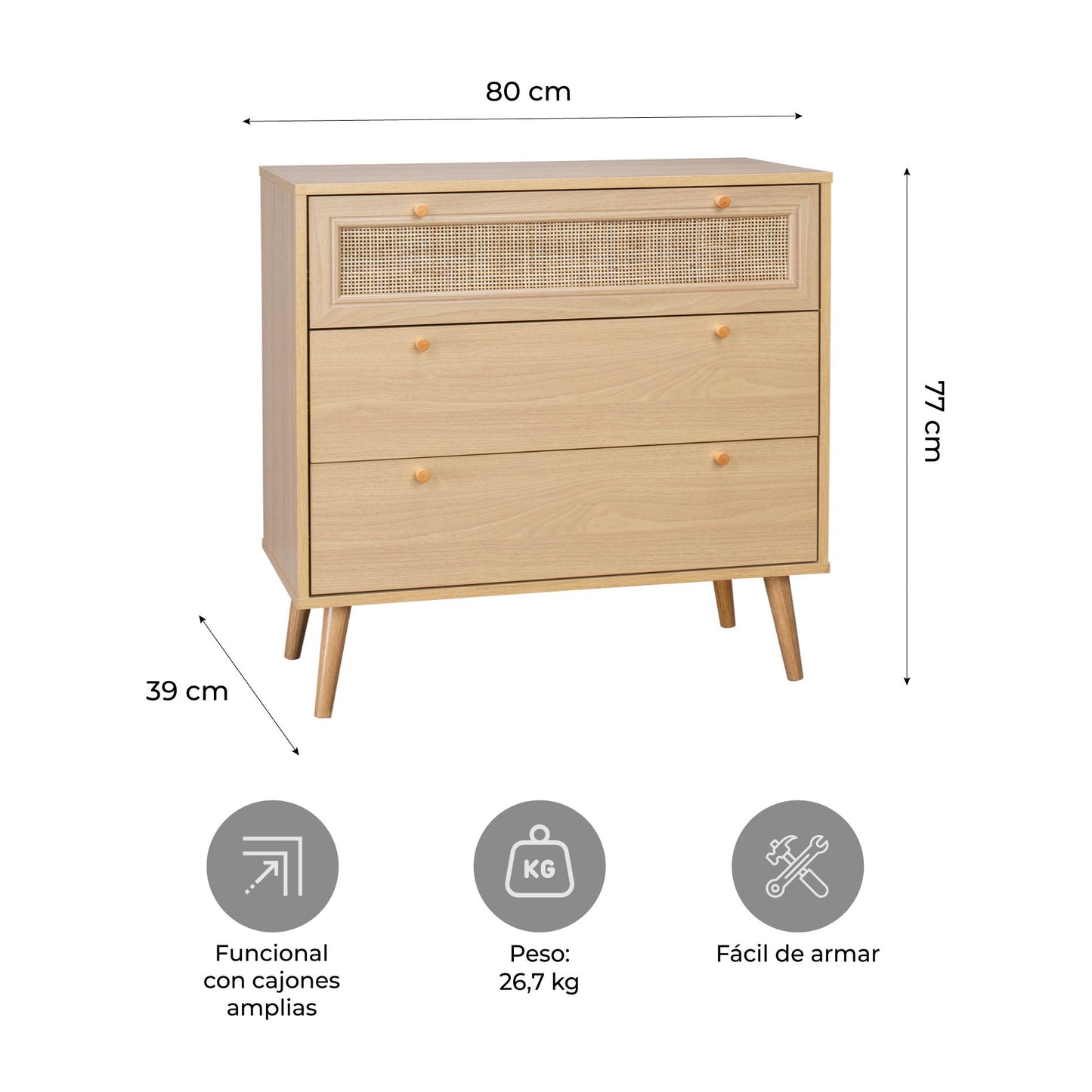 Cómoda Cajonera de 3 Cajones de Ratán