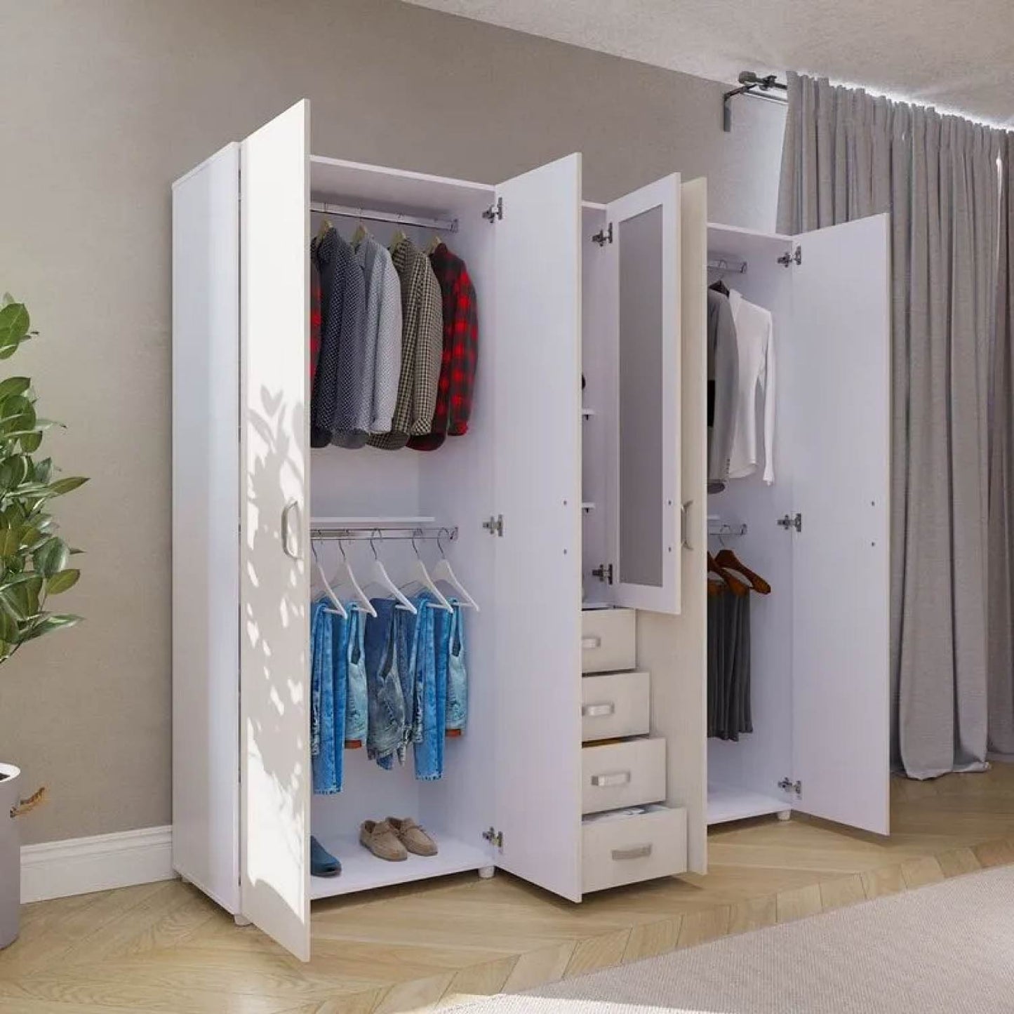 Closet 4 Puertas con Espejo 200x200x49 cm Gris Claro