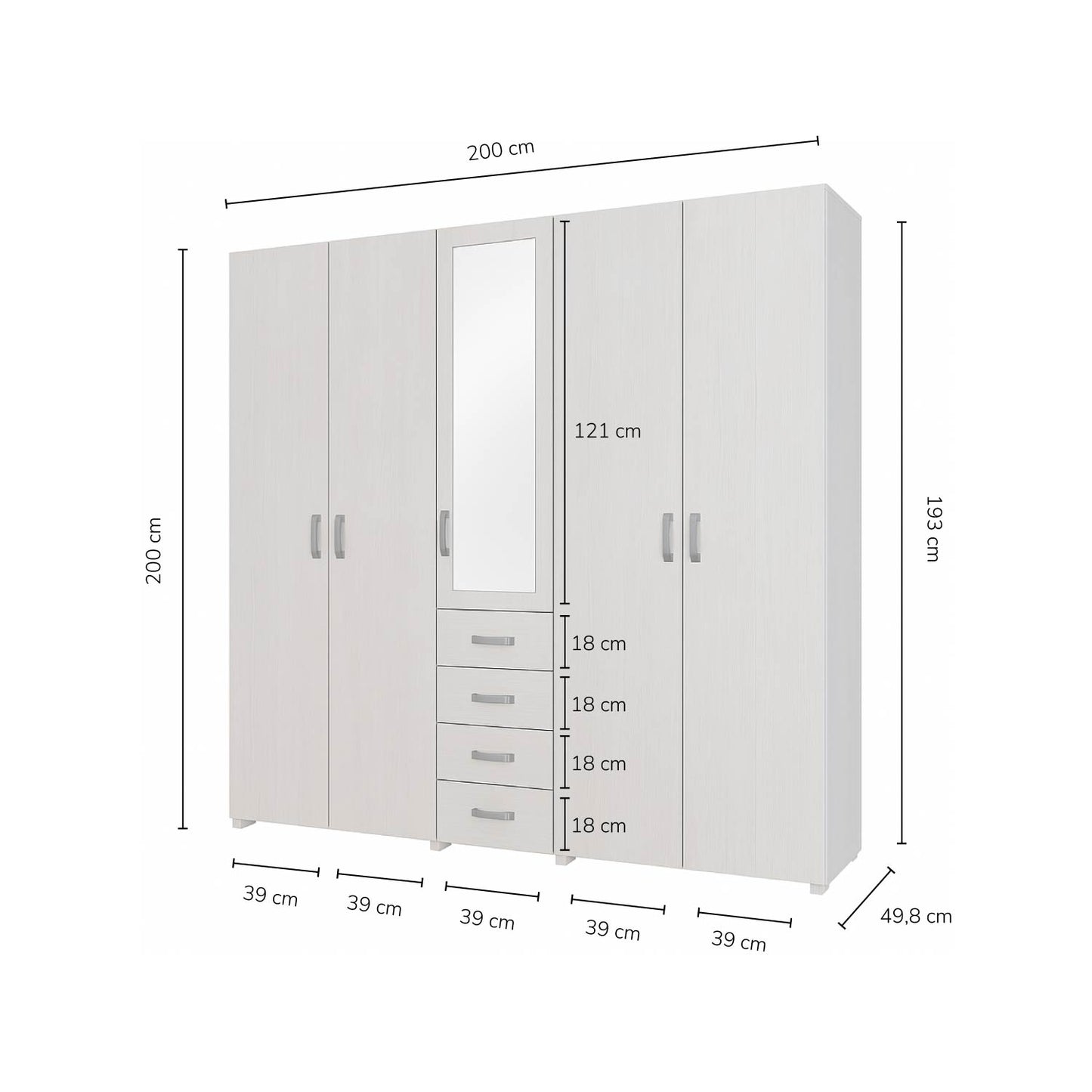 Closet 4 Puertas con Espejo 200x200x49 cm Gris Claro