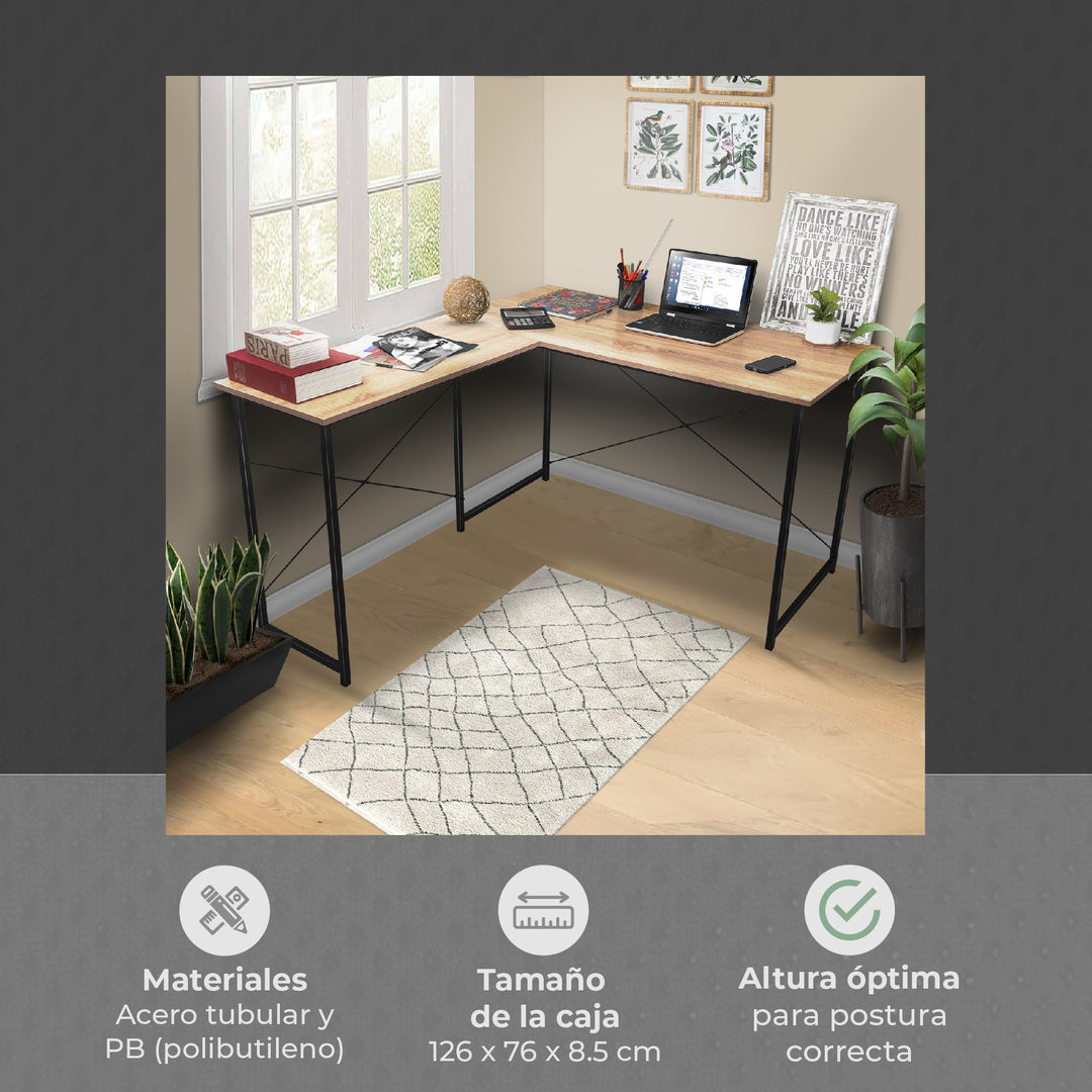 Escritorio con Forma de L Beige y Negro