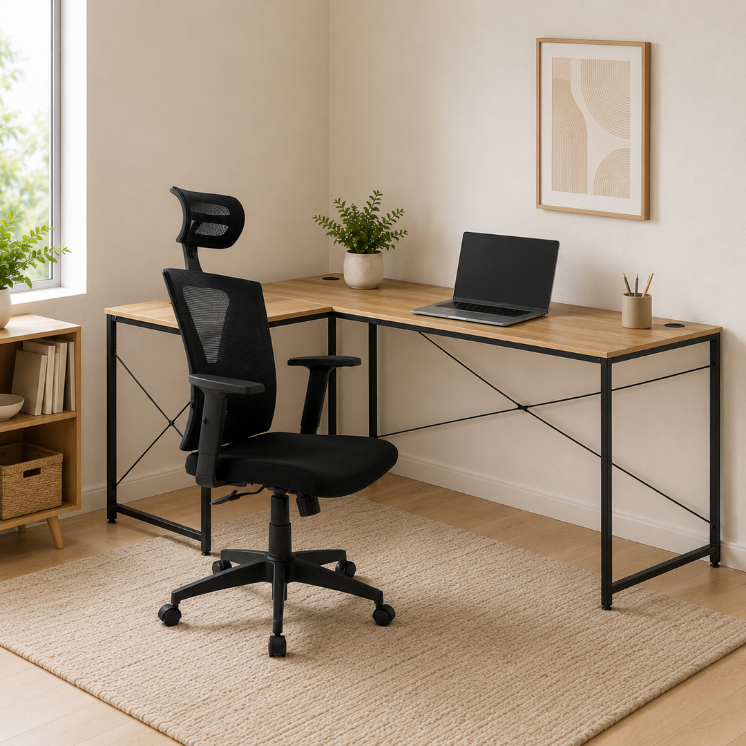 Combo Escritorio con Forma de L Beige y Negro + Silla de Oficina Presidente Niza