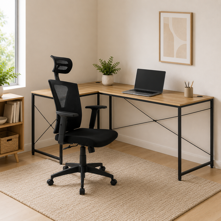Combo Escritorio con Forma de L Beige y Negro + Silla de Oficina Presidente Niza