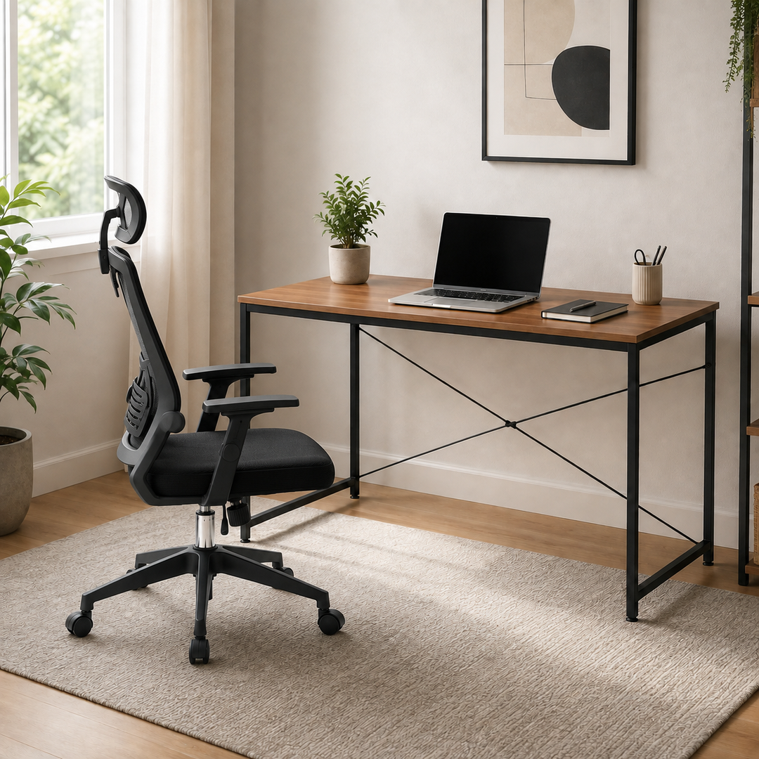 Combo Escritorio Diseño Industrial Café y Negro + Silla de Oficina Presidente Doha Basculante