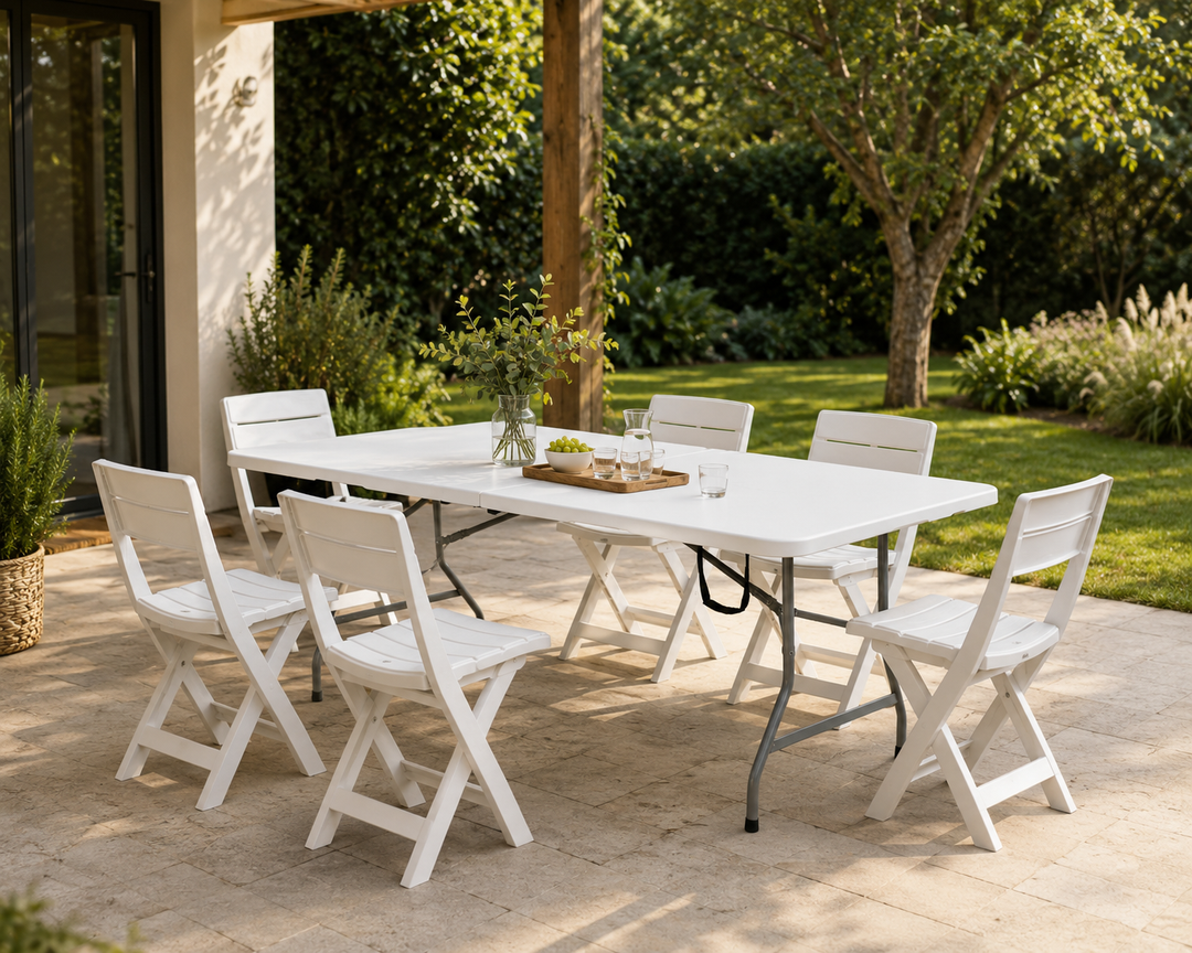 Combo Mesa Plegable Tipo Portafolio + 6 Sillas Auxiliares Plegables Luma