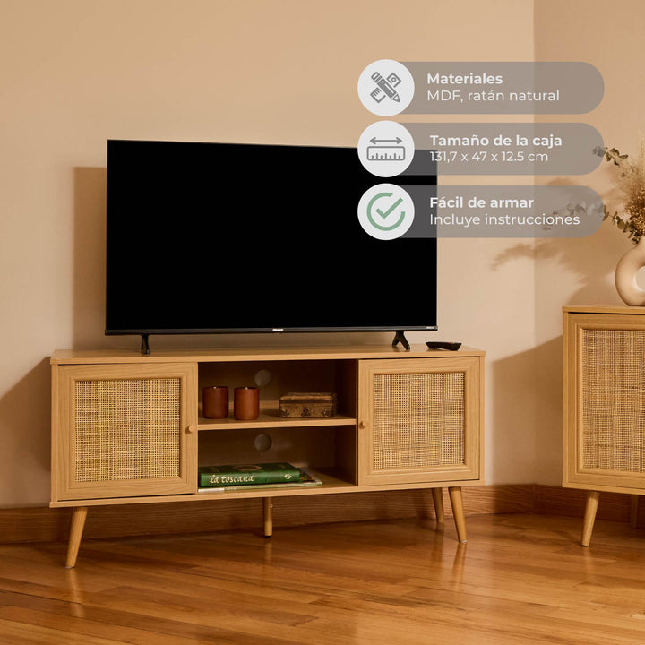 Mueble para TV con Estantes y Puertas de Ratán