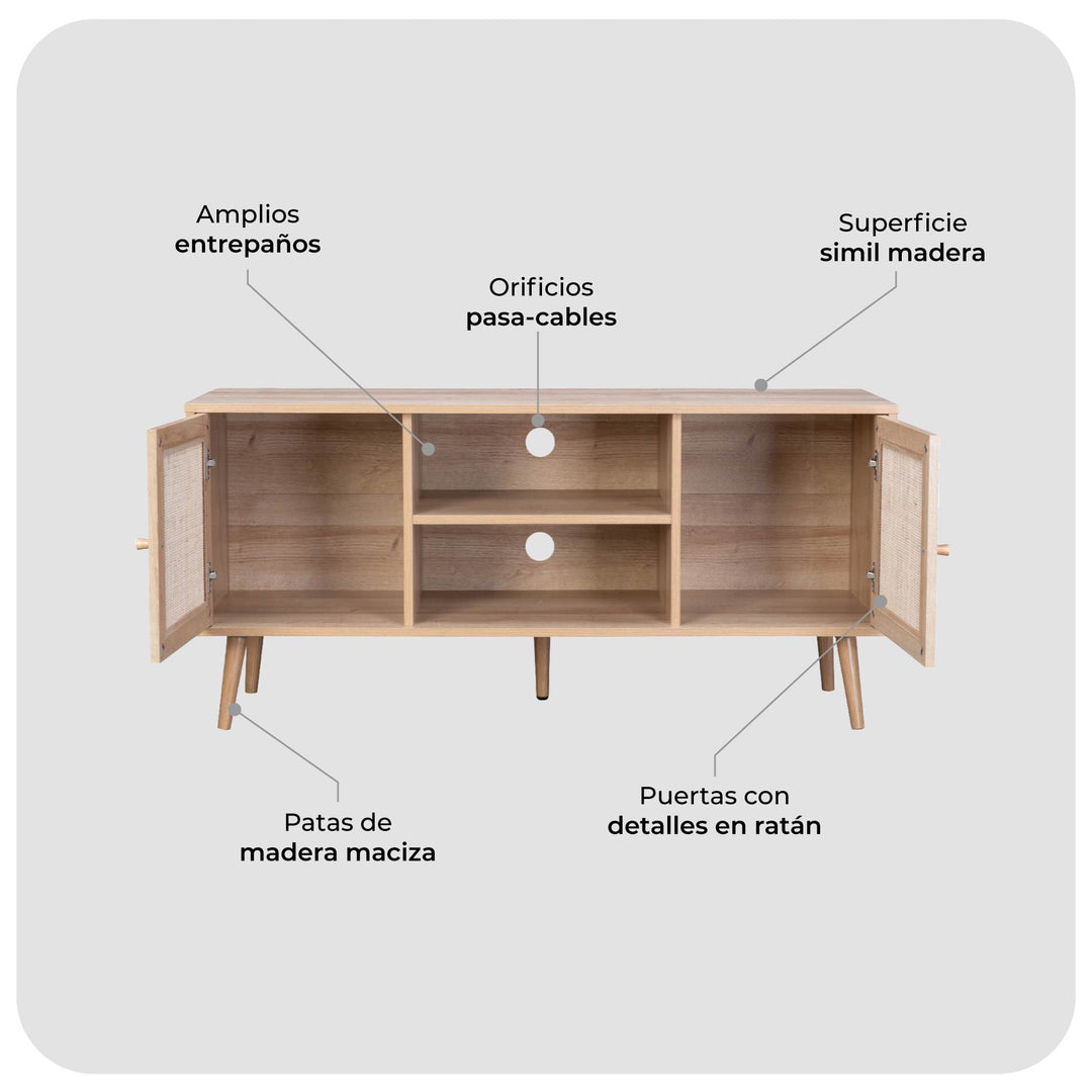 Mueble para TV con Estantes y Puertas de Ratán